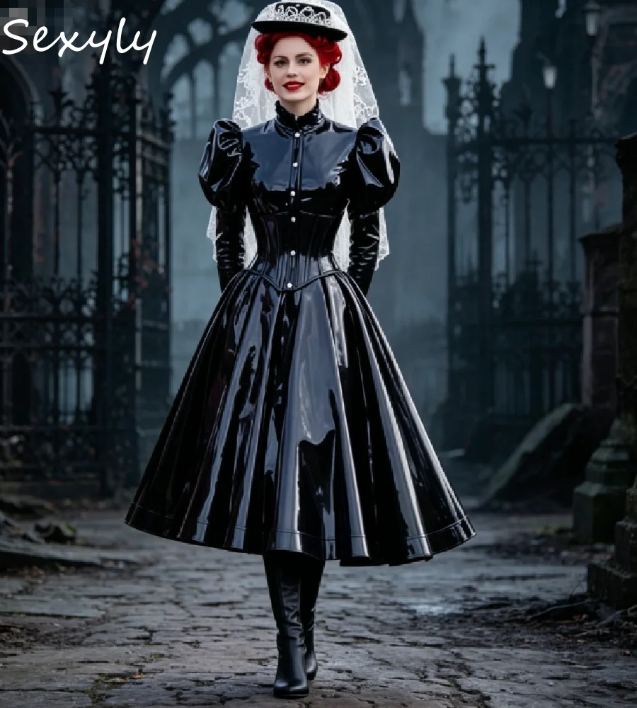 Black Latex Victorian Prom Dress A Line Puff Sleeve Halloween Vampire Costume Evening Gown Midi Cosplay Cocktail Party Mistress
Black Latex Victorian Prom Dress A Line Puff Sleeve Halloween Vampire Costume Evening Gown Midi Cosplay Cocktail Party Mistress