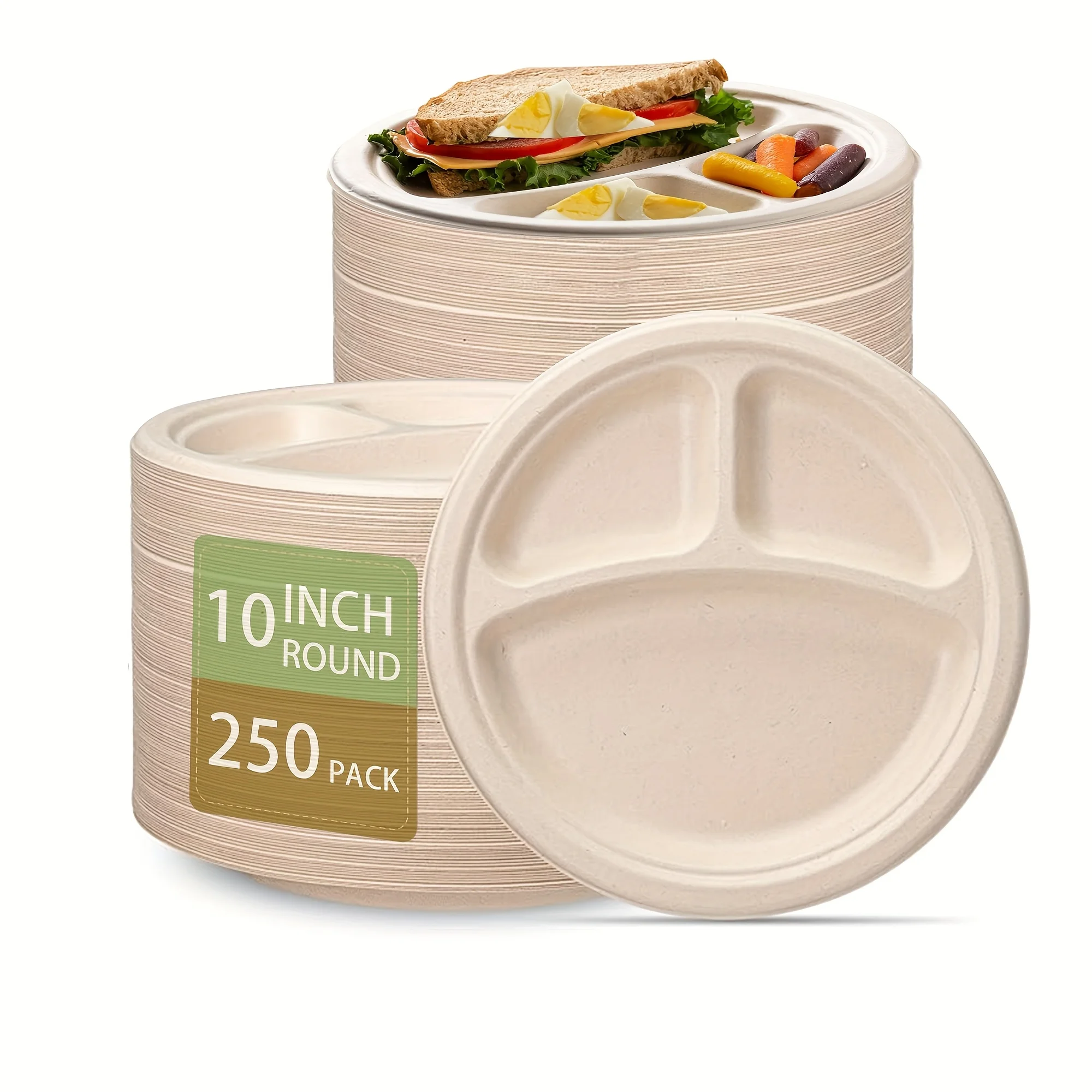 250 Pack 10 Inch Plates Disposable Heavy Duty, 100% Paper Plates, 3 Compartment, Made Of Natural Sugarcane Fibers, Brown
250 Pack 10 Inch Plates Disposable Heavy Duty, 100% Paper Plates, 3 Compartment, Made Of Natural Sugarcane Fibers, Brown