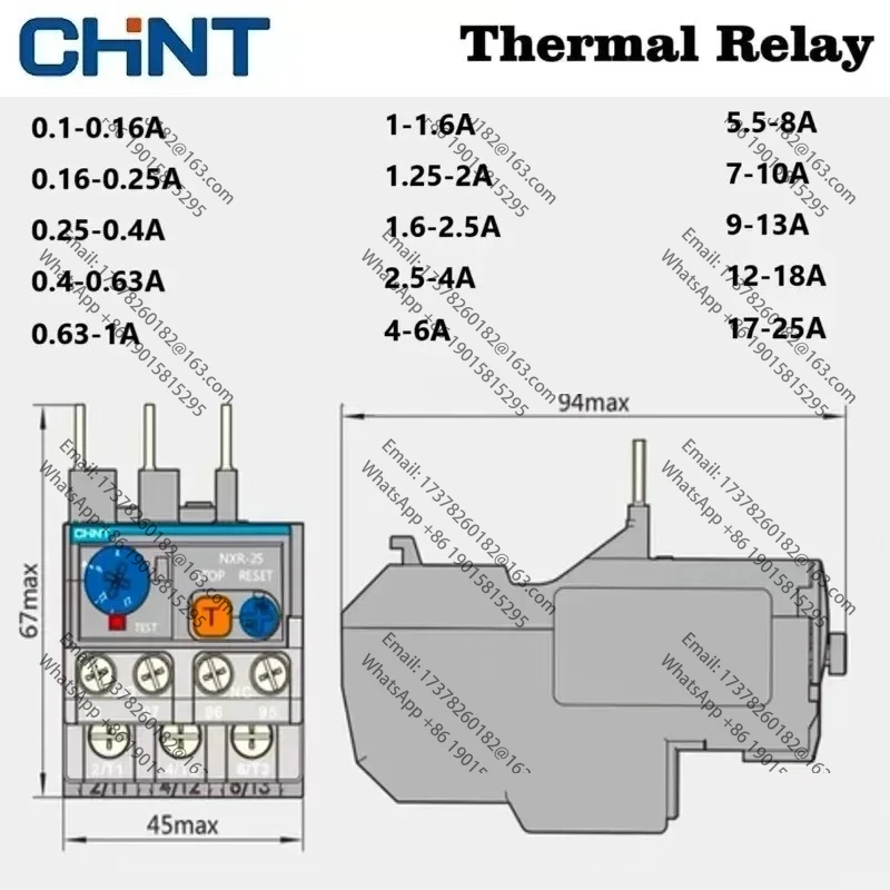 CHINT NXR-25 0.16A 0.25A 0.4A 0.63A 1A 1.6A 2A 2.5A 4A 6A 8A 10A 13A 18A 25A Thermal Overload Relay NXR NXC series AC Contactor
CHINT NXR-25 0.16A 0.25A 0.4A 0.63A 1A 1.6A 2A 2.5A 4A 6A 8A 10A 13A 18A 25A Thermal Overload Relay NXR NXC series AC Contactor