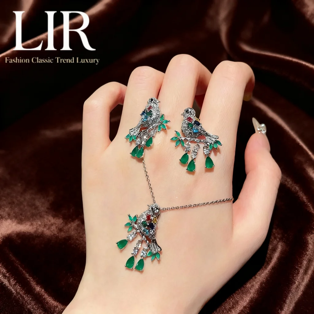 LIR Women's Jewelry Set: Green Wave Bird Gem Earrings + Rainbow Zircon Bird Necklace, Vintage, Custom Fine Jewelry
LIR Women's Jewelry Set: Green Wave Bird Gem Earrings + Rainbow Zircon Bird Necklace, Vintage, Custom Fine Jewelry
