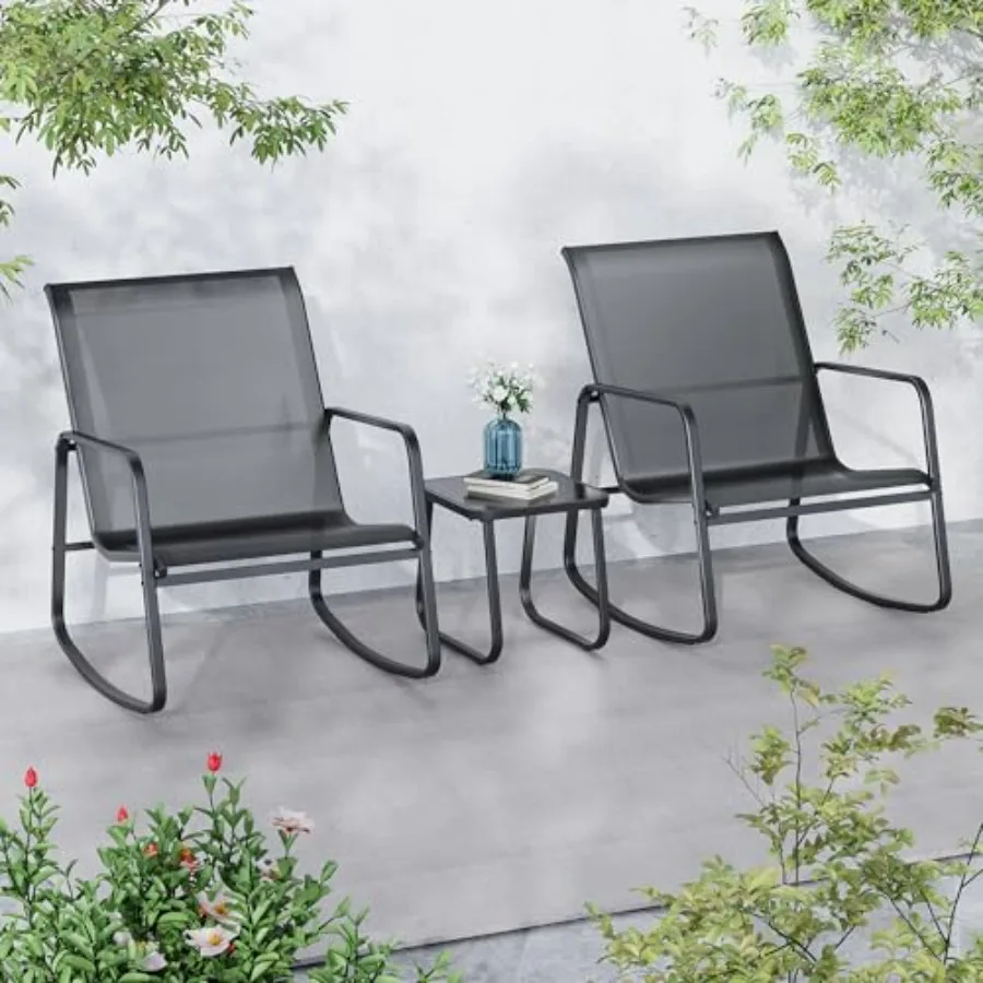 3 Piece Patio Furniture Set: All Weather Textile Outdoor Conversation Set in Black with Rocking Bistro Chairs and Table for Bac
3 Piece Patio Furniture Set: All Weather Textile Outdoor Conversation Set in Black with Rocking Bistro Chairs and Table for Bac
