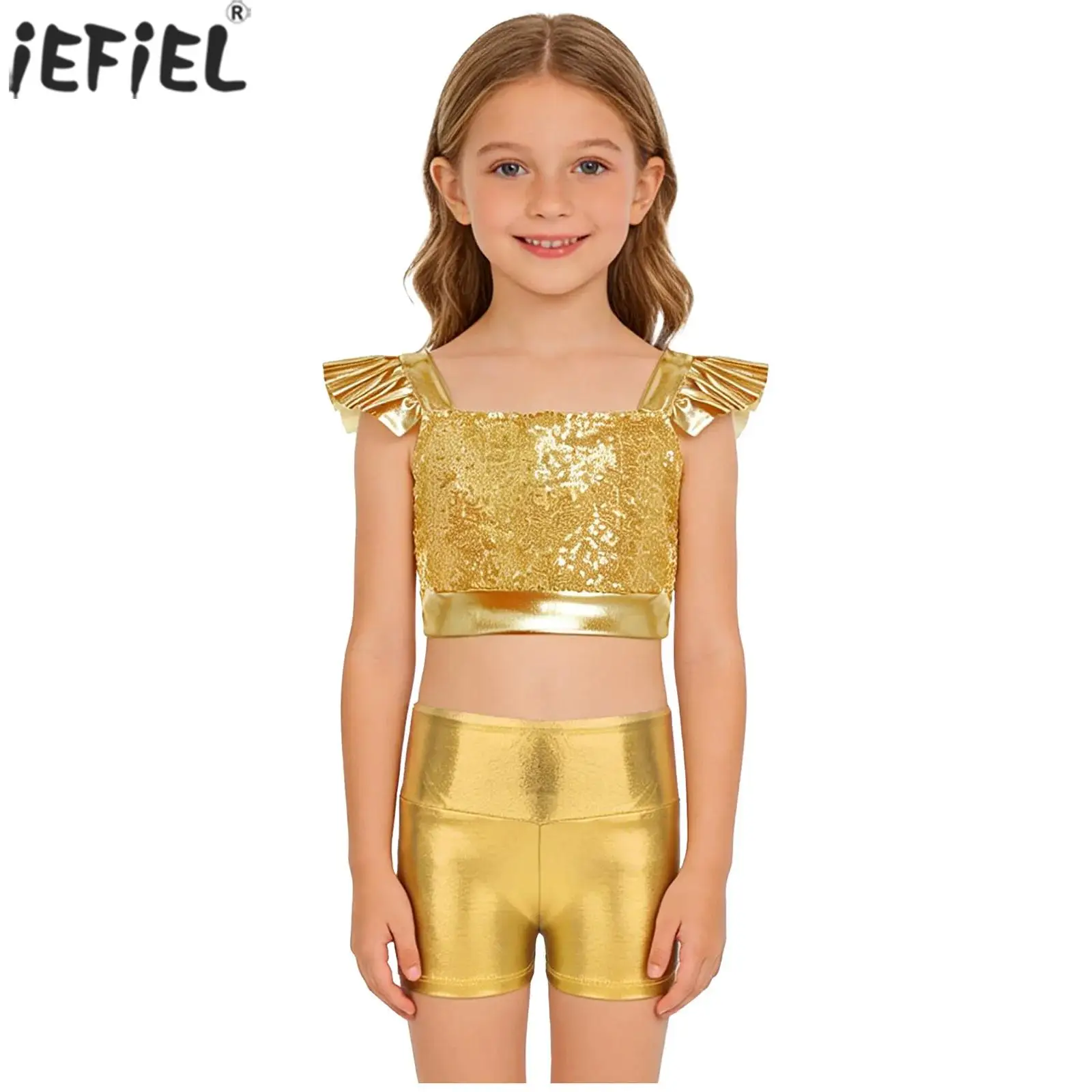 Kids Girls Jazz Dance Performance Outfit Ruffled Sleeves Sequin Metallic Crop Top with Shorts for Hip Hop Party Cheerleading
Kids Girls Jazz Dance Performance Outfit Ruffled Sleeves Sequin Metallic Crop Top with Shorts for Hip Hop Party Cheerleading