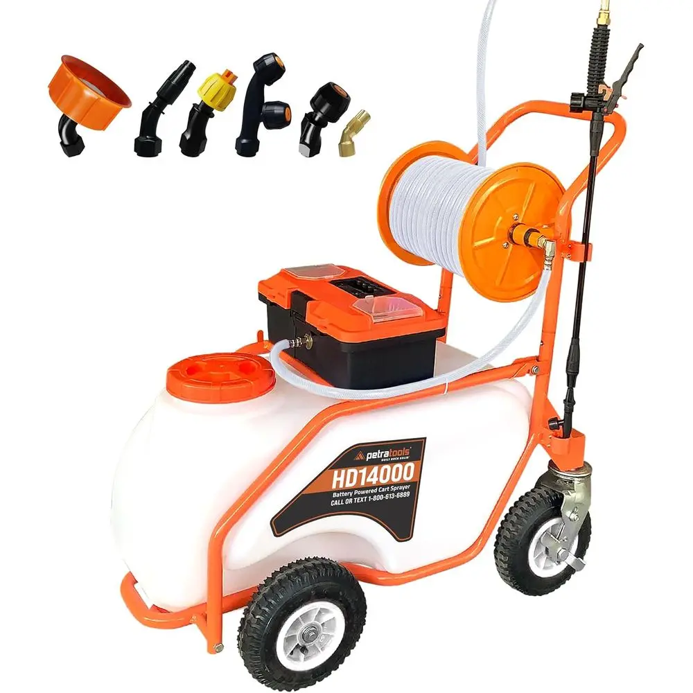 Battery-Powered 14 Gallon Sprayer with 7 Nozzles, 90 PSI Pump, and Large Cart for Lawn & Garden Weed Control
Battery-Powered 14 Gallon Sprayer with 7 Nozzles, 90 PSI Pump, and Large Cart for Lawn & Garden Weed Control