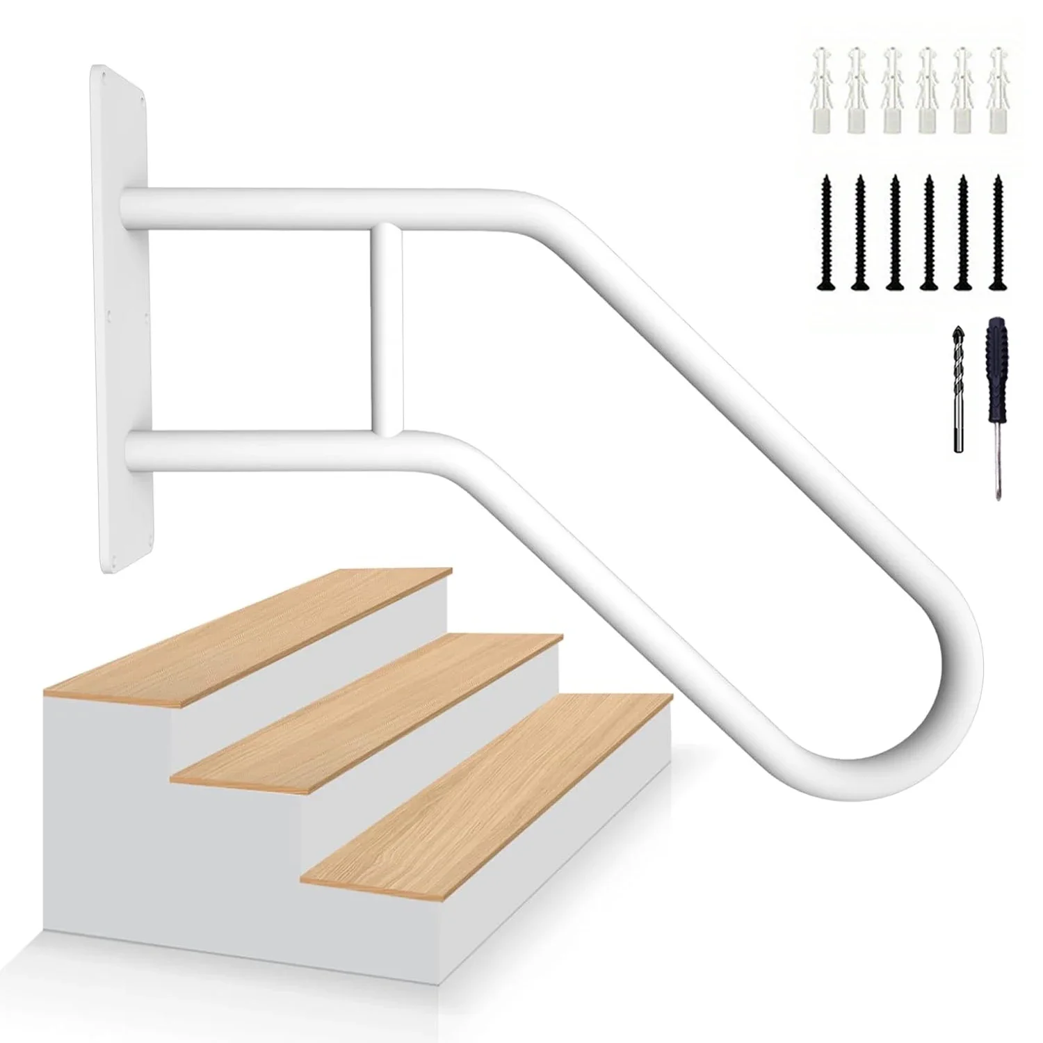 White U-shaped handrail for outdoor steps, modern style, including installation components.
White U-shaped handrail for outdoor steps, modern style, including installation components.