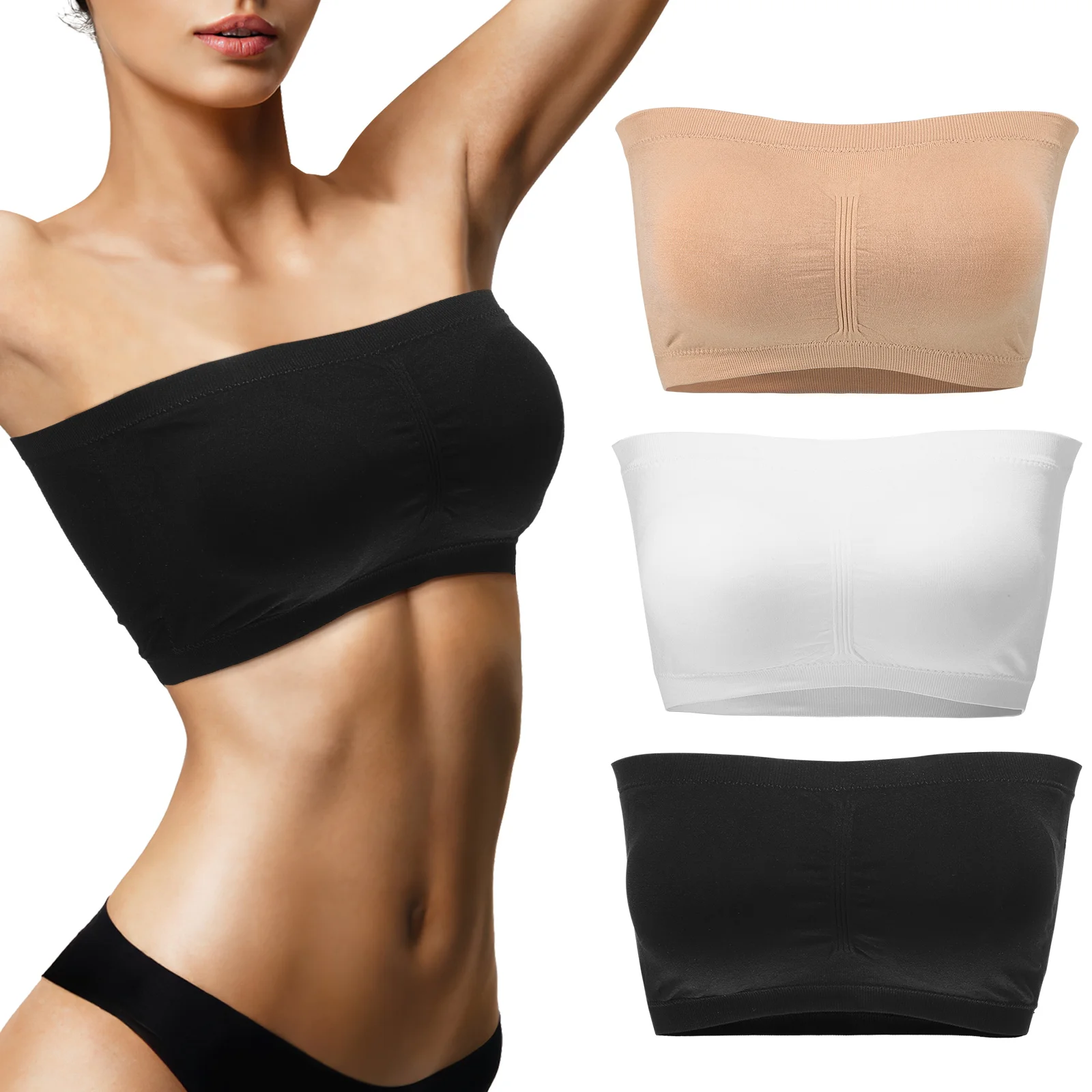 3 Pcs Strapless Bra Set Black Beige White 2xL Removable Padding Elastic Fabric Tube Tops Bandeau Bras Non Wired Seamless
3 Pcs Strapless Bra Set Black Beige White 2xL Removable Padding Elastic Fabric Tube Tops Bandeau Bras Non Wired Seamless