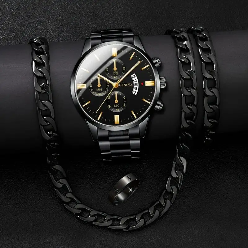 4 шт./компл. модные мужские часы из нержавеющей стали, роскошные кварцевые наручные часы с календарем, мужские часы для мужчин, браслет, ожерелье, набор колец
4 шт./компл. модные мужские часы из нержавеющей стали, роскошные кварцевые наручные часы с календарем, мужские часы для мужчин, браслет, ожерелье, набор колец