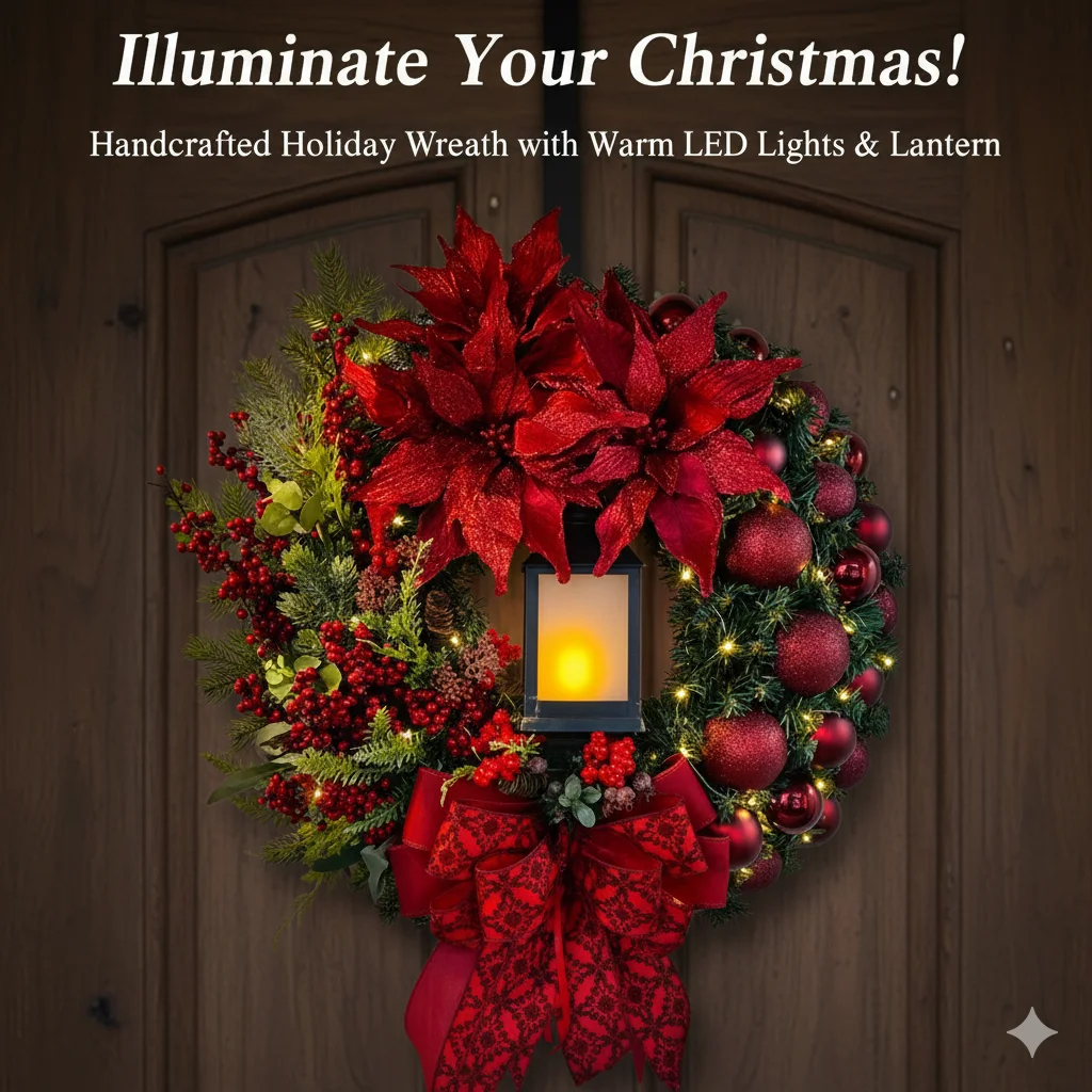 Holiday Wreath With LED Oil Lamp Festive Red Flower, Bow And Ball Decor For Wedding, Party And Home Entrance
Holiday Wreath With LED Oil Lamp Festive Red Flower, Bow And Ball Decor For Wedding, Party And Home Entrance