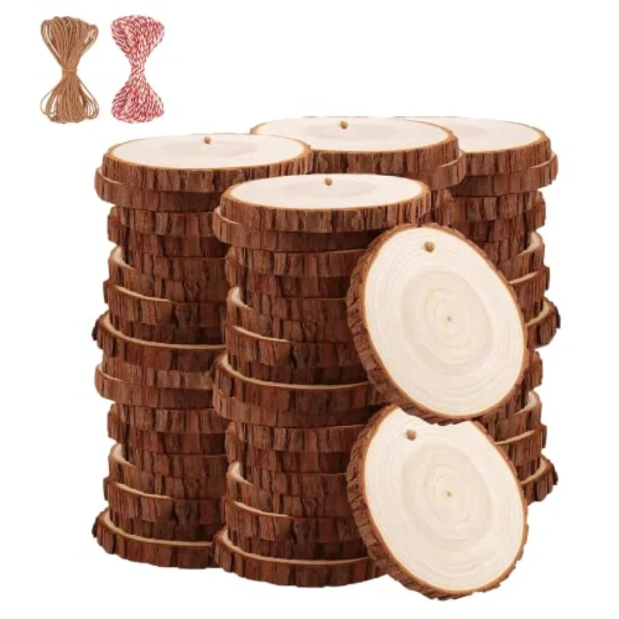 English: Natural Wood Slices for DIY Crafts, Pre-drilled Holes for Easy Hanging
English: Natural Wood Slices for DIY Crafts, Pre-drilled Holes for Easy Hanging
