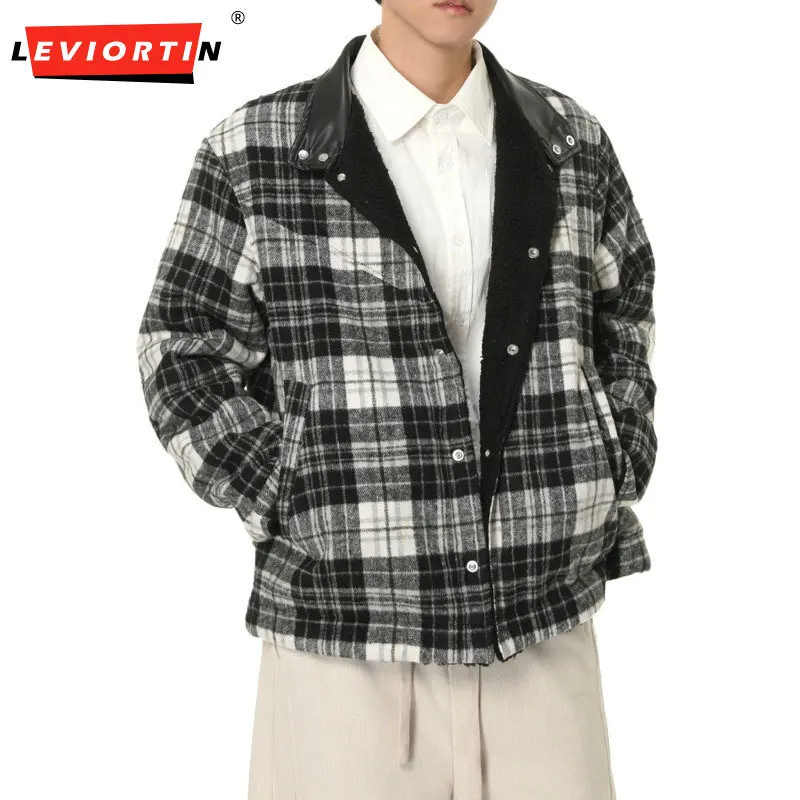 Men's American style fashion patchwork leather collar plaid imitation lamb wool small stand up collar button down shirt jacket
Men's American style fashion patchwork leather collar plaid imitation lamb wool small stand up collar button down shirt jacket