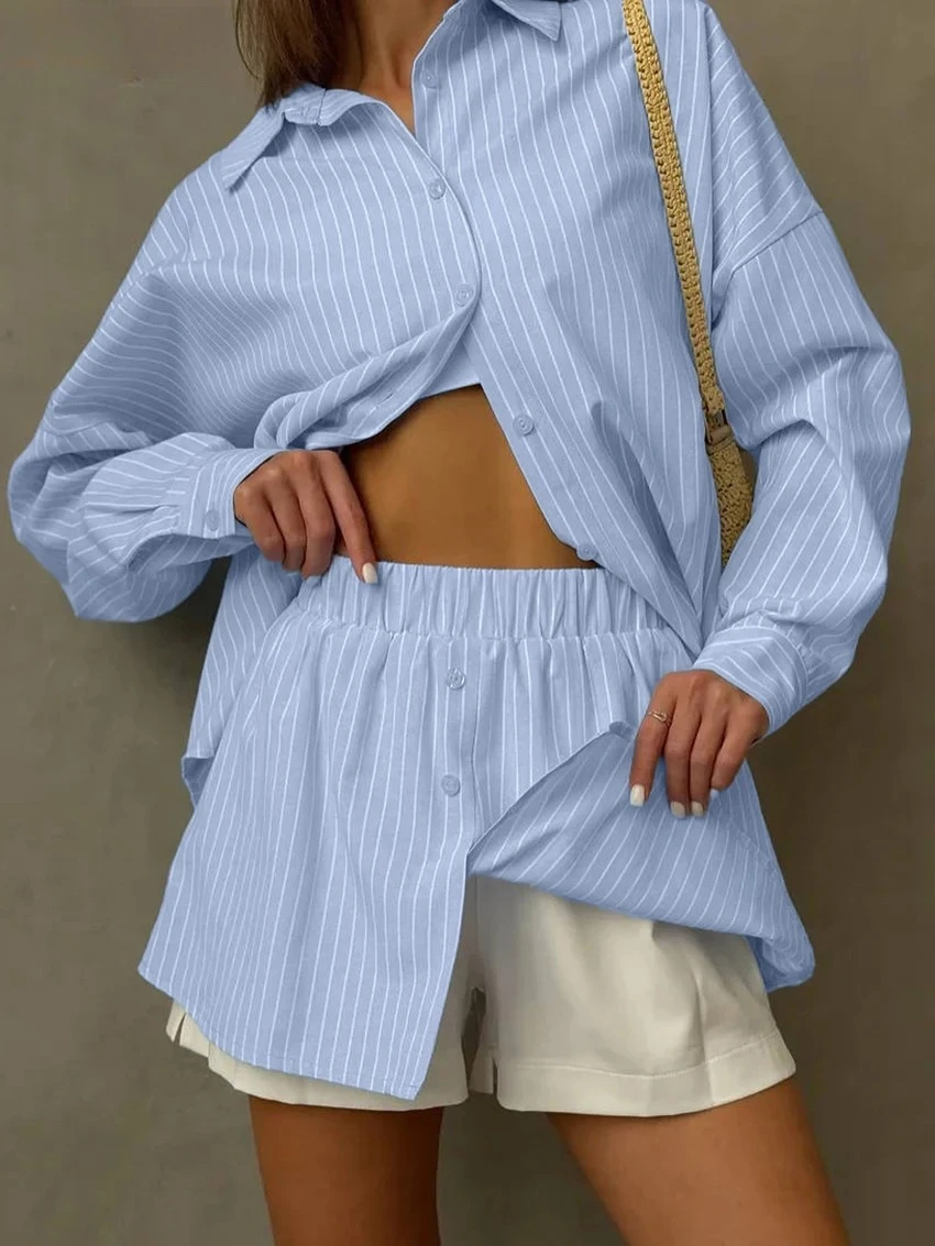 LIinar Fashion Loose Blue Stripe Women's Two Pieces Set Elegant Long Sleeve Shirt With High Waist Shorts Set Female Streetwear
LIinar Fashion Loose Blue Stripe Women's Two Pieces Set Elegant Long Sleeve Shirt With High Waist Shorts Set Female Streetwear