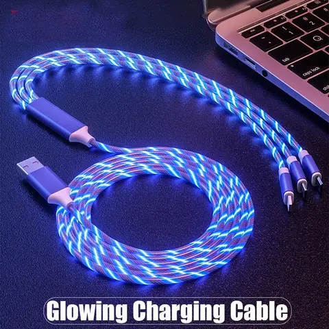 3 in 1 LED Light Glowing Charging Cable Micro USB Type C Cable 3A Fast Charging for iPhone Xiaomi Flowing Streamer Type-C Cable