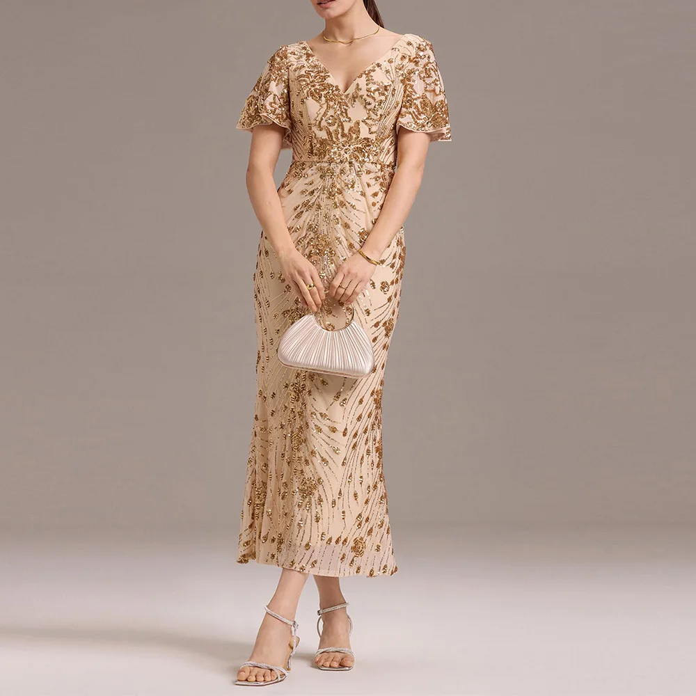 Customized Exquisite Women's Gorgeous V Neck Sequin Tulle Short Sleeves Mother of The Bride Dresses Formal Evening Gowns 2025 
Customized Exquisite Women's Gorgeous V Neck Sequin Tulle Short Sleeves Mother of The Bride Dresses Formal Evening Gowns 2025