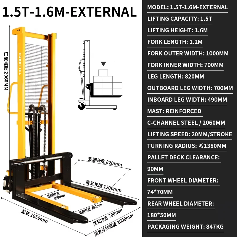 Manual Pallet Stacker 1.5T/2T Hydraulic Forklift 1.6M Stacker for Workshop Use Brake Wheels Hand-Pushed Forklift(Customized)
Manual Pallet Stacker 1.5T/2T Hydraulic Forklift 1.6M Stacker for Workshop Use Brake Wheels Hand-Pushed Forklift(Customized)