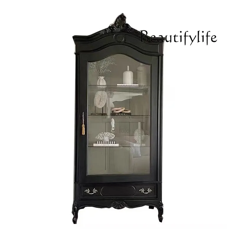 Single door solid wood carving flower dining side cabinet French glass door old black display cabinet living room wine cabinet
Single door solid wood carving flower dining side cabinet French glass door old black display cabinet living room wine cabinet