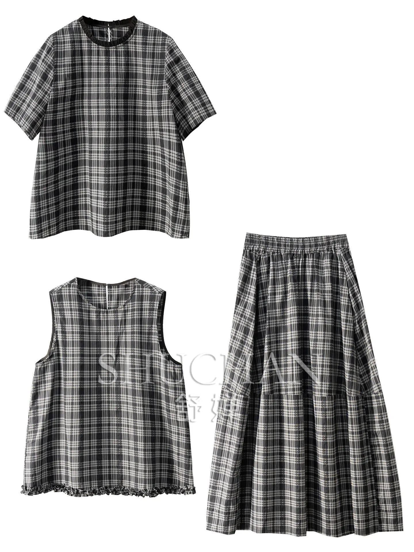 Summer Premium Color-sensitive Woven Cotton Jacquard Plaid Suit, Crew Neck Shirt + Vest + Skirt for Women 11X0
Summer Premium Color-sensitive Woven Cotton Jacquard Plaid Suit, Crew Neck Shirt + Vest + Skirt for Women 11X0
