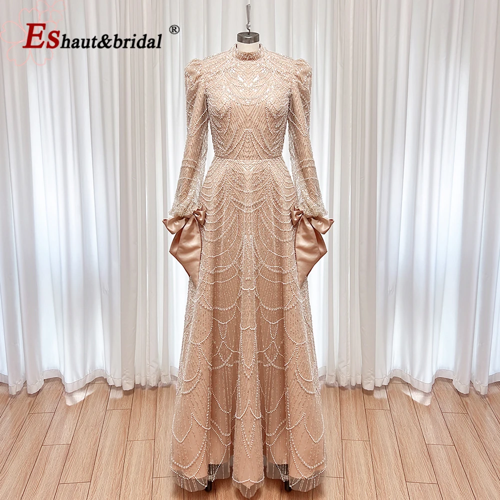 Elegant Muslim Pearls Evening Dress Luxury High Neck Long Sleeve Women's Formal Prom Wedding Party Gown Customized
Elegant Muslim Pearls Evening Dress Luxury High Neck Long Sleeve Women's Formal Prom Wedding Party Gown Customized