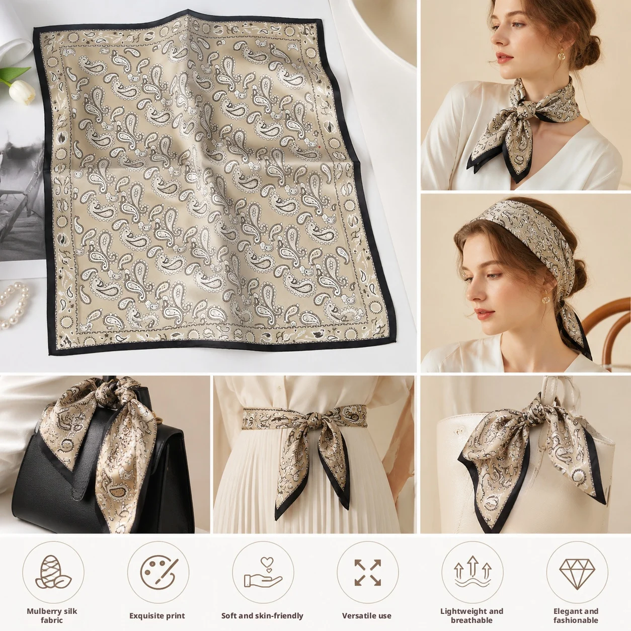 65x65cm 100% pure mulberry silk scarf, a multifunctional fashion accessory for women, with multiple uses such as scarf, shawl, h
65x65cm 100% pure mulberry silk scarf, a multifunctional fashion accessory for women, with multiple uses such as scarf, shawl, h