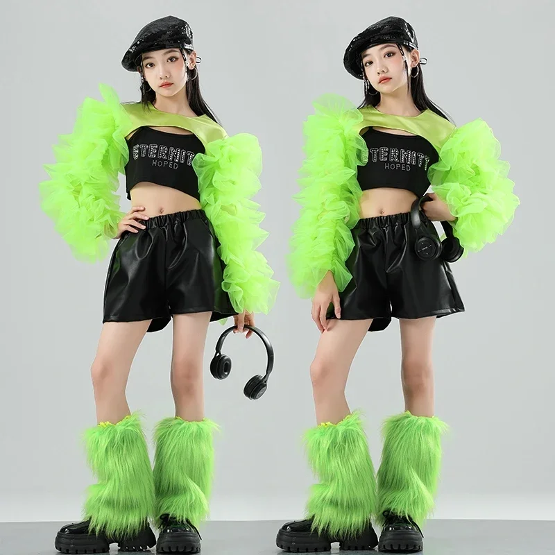 Fashion Jazz Dance Clothes Girl Kpop Stage Costume Green Fluffy Tops Black Leather Shorts Kid Model Show Performance Outfit
Fashion Jazz Dance Clothes Girl Kpop Stage Costume Green Fluffy Tops Black Leather Shorts Kid Model Show Performance Outfit