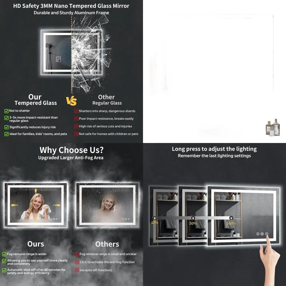 Зеркало для ванной с LED-подсветкой 24x36 дюймов, регулируемой яркостью, 3 цветами подсветки, функцией антизапотевания, памятью настройки, из ударопрочного закаленного стекла
Зеркало для ванной с LED-подсветкой 24x36 дюймов, регулируемой яркостью, 3 цветами подсветки, функцией антизапотевания, памятью настройки, из ударопрочного закаленного стекла