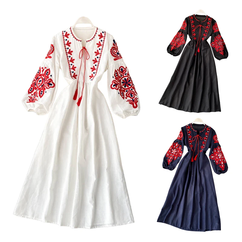New Spring Autumn Women's Retro Ethnic Embroidered Dress Lantern Sleeves Bohemian Holiday Dress Women Long-sleeve White Tops
New Spring Autumn Women's Retro Ethnic Embroidered Dress Lantern Sleeves Bohemian Holiday Dress Women Long-sleeve White Tops