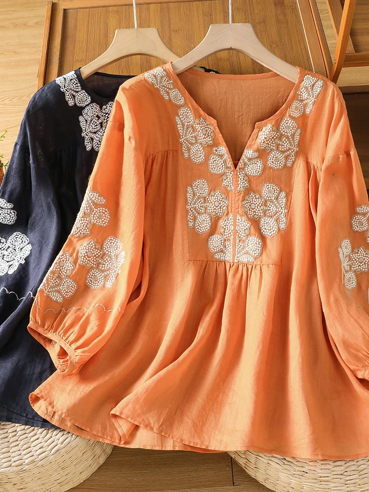 Embroidered V-Neck Patchwork Shirt Retro Chinese Style Summer Fashionable plus Size Women's Casual Top Pear Body Type
Embroidered V-Neck Patchwork Shirt Retro Chinese Style Summer Fashionable plus Size Women's Casual Top Pear Body Type