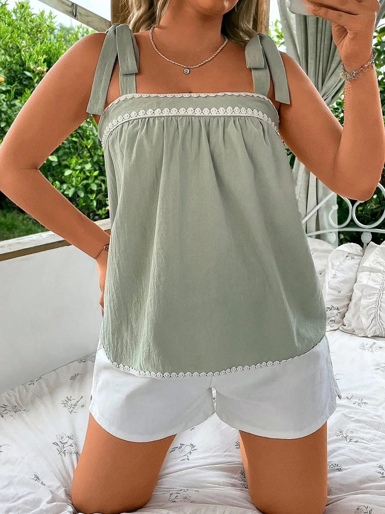 Loose Knotted Shoulder Cami Top With Lace Trim Summer Boho Tank Top
Loose Knotted Shoulder Cami Top With Lace Trim Summer Boho Tank Top