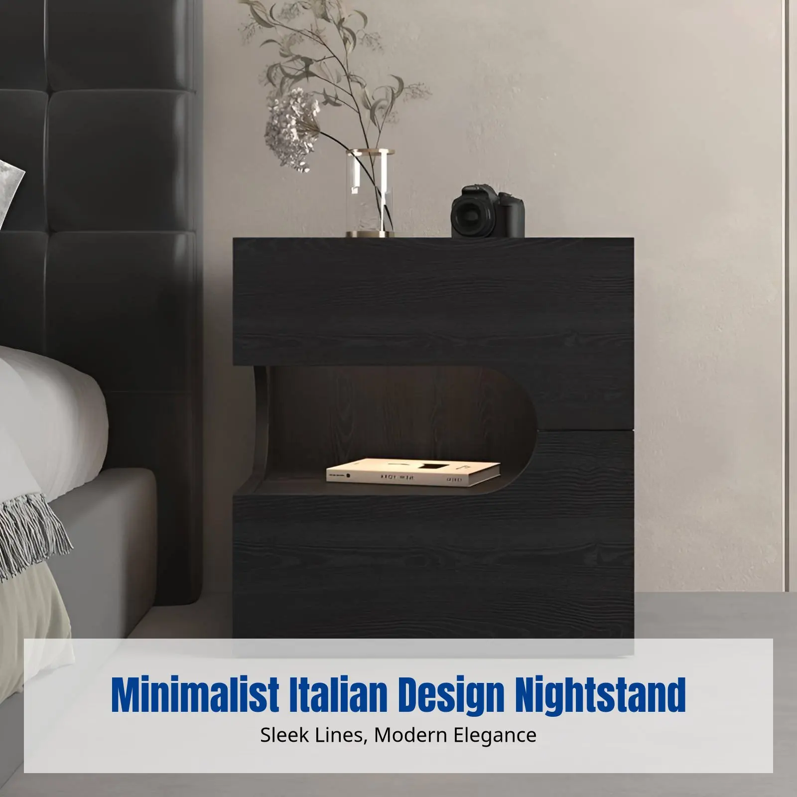 Italian Minimalist Nightstand, Modern Black Bedside Table, Engineered Wood, Bedroom and Living Room
Italian Minimalist Nightstand, Modern Black Bedside Table, Engineered Wood, Bedroom and Living Room