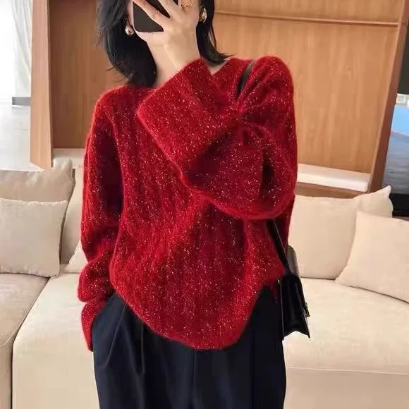 New Year's 100% pure cashmere bright silk twisted red round neck plus size loose cashmere sweater knitted sweater
New Year's 100% pure cashmere bright silk twisted red round neck plus size loose cashmere sweater knitted sweater