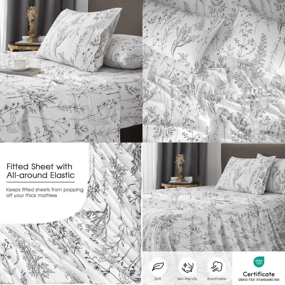 King Size Floral Bed Sheets, 18 Deep Pocket, 1800 Thread Count, Black & White Leaf Print, Soft, Breathable, Cute, Shabby Chic St
King Size Floral Bed Sheets, 18 Deep Pocket, 1800 Thread Count, Black & White Leaf Print, Soft, Breathable, Cute, Shabby Chic St