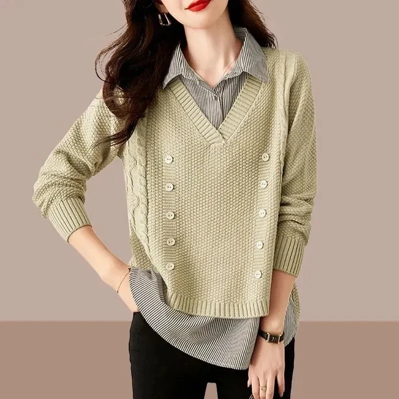 Spring Autumn Women Fake Two Pieces Pullover Sweater Female Korean Loose Shirt Collar Long Sleeve Knit Tops Lady Knitted Sweater
Spring Autumn Women Fake Two Pieces Pullover Sweater Female Korean Loose Shirt Collar Long Sleeve Knit Tops Lady Knitted Sweater