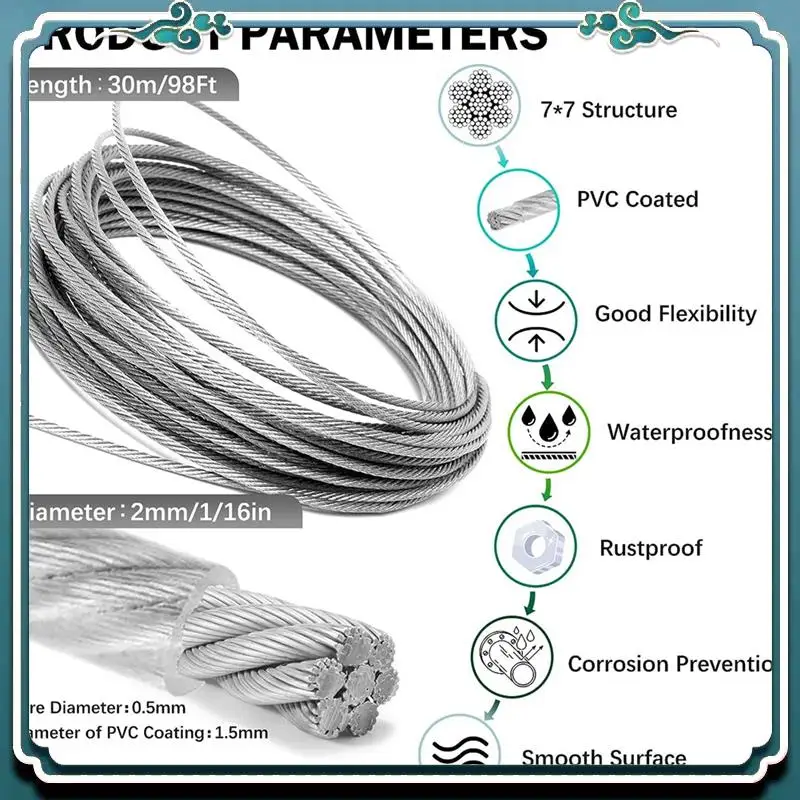 1Set 1/16In Wire Rope Kit PVC Coated Cable Wire Silver For String Light Hanging Kit/Garden Wire
1Set 1/16In Wire Rope Kit PVC Coated Cable Wire Silver For String Light Hanging Kit/Garden Wire