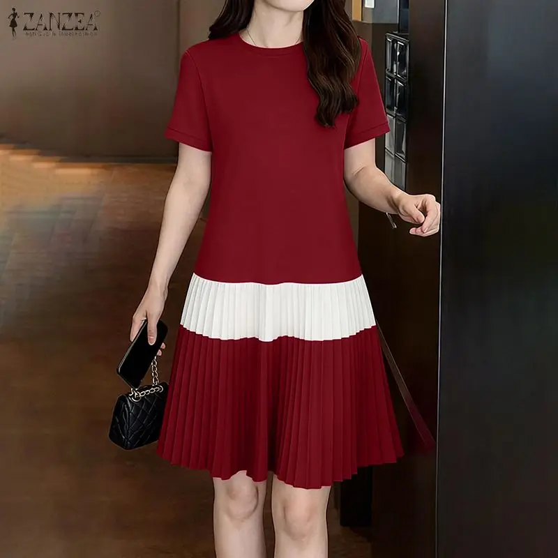 Women Casual Short Sleeve Front Pleated Hem Dresses O-Neck Contrast-Color Knee-Length Dress ZANZEA Summer Minimalist Robe Femme
Women Casual Short Sleeve Front Pleated Hem Dresses O-Neck Contrast-Color Knee-Length Dress ZANZEA Summer Minimalist Robe Femme