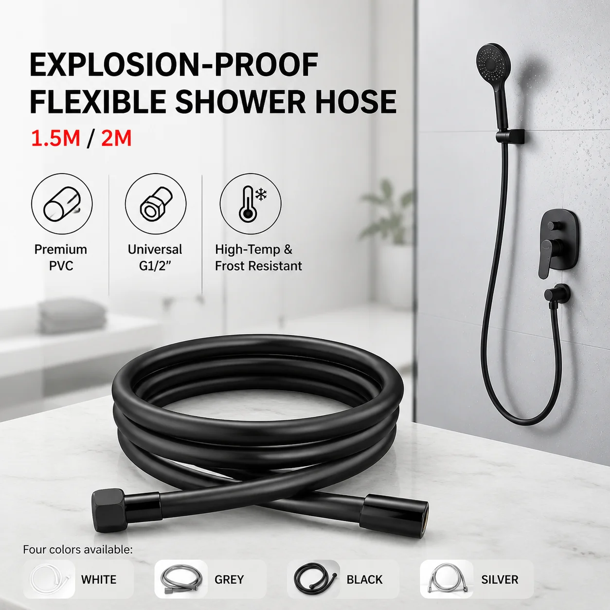 1.5/2M PVC Handheld Shower Head Hose – Universal Flexible Anti-Winding Explosion-Proof Water Tube for Bathroom Faucet Pipe
1.5/2M PVC Handheld Shower Head Hose – Universal Flexible Anti-Winding Explosion-Proof Water Tube for Bathroom Faucet Pipe