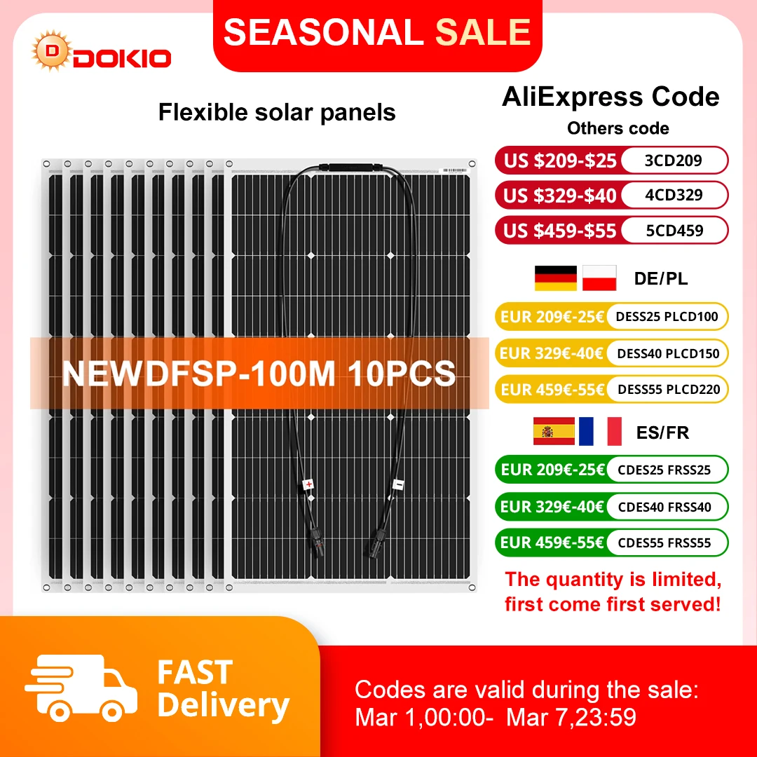 Dokio 18 В 10 шт. 100 Вт Гибкая солнечная панель Монокристаллическая солнечная панель для автомобиля/дома Водонепроницаемая зарядка 12 В 1000 Вт Солнечная панель
Dokio 18 В 10 шт. 100 Вт Гибкая солнечная панель Монокристаллическая солнечная панель для автомобиля/дома Водонепроницаемая зарядка 12 В 1000 Вт Солнечная панель