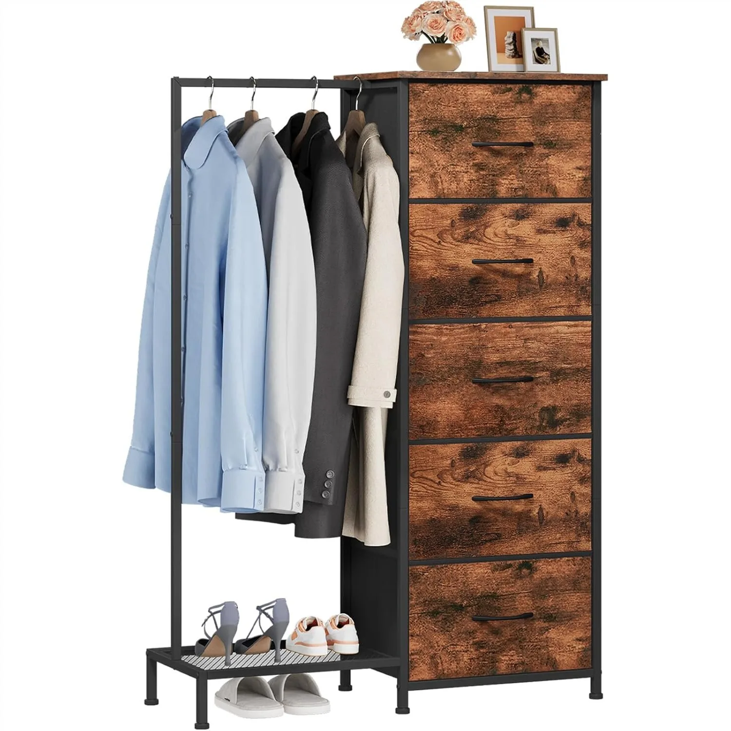 5 Drawer Dresser with Hanging Rack, Reversible Tall Storage Tower for Bedroom, Wood Grain Print
5 Drawer Dresser with Hanging Rack, Reversible Tall Storage Tower for Bedroom, Wood Grain Print
