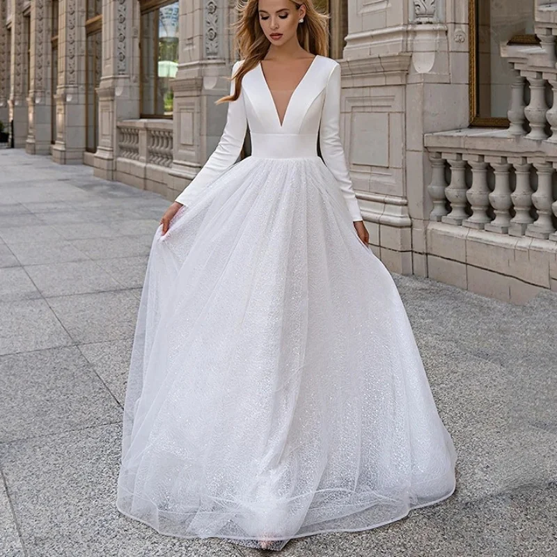 Wholesale Deep V-Neck Wedding Dress A-Line Backless Boho Long Sleeve Bride Gown Zipper Tulle Gillter Shinny Tulle Robe De Mariee
Wholesale Deep V-Neck Wedding Dress A-Line Backless Boho Long Sleeve Bride Gown Zipper Tulle Gillter Shinny Tulle Robe De Mariee