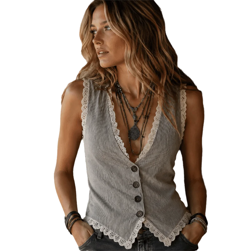 Chic V-Neck Women's Vest Summer Elegant Waist Cinched Striped Vest Jacket Slim Fit Sleeveless Lace Trim Waistcoat Casual Dating
Chic V-Neck Women's Vest Summer Elegant Waist Cinched Striped Vest Jacket Slim Fit Sleeveless Lace Trim Waistcoat Casual Dating