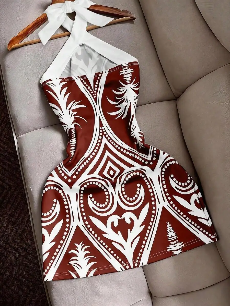 Fitted Halter Tie Waist Printed Mini Dress For Women Beach Vacation
Fitted Halter Tie Waist Printed Mini Dress For Women Beach Vacation