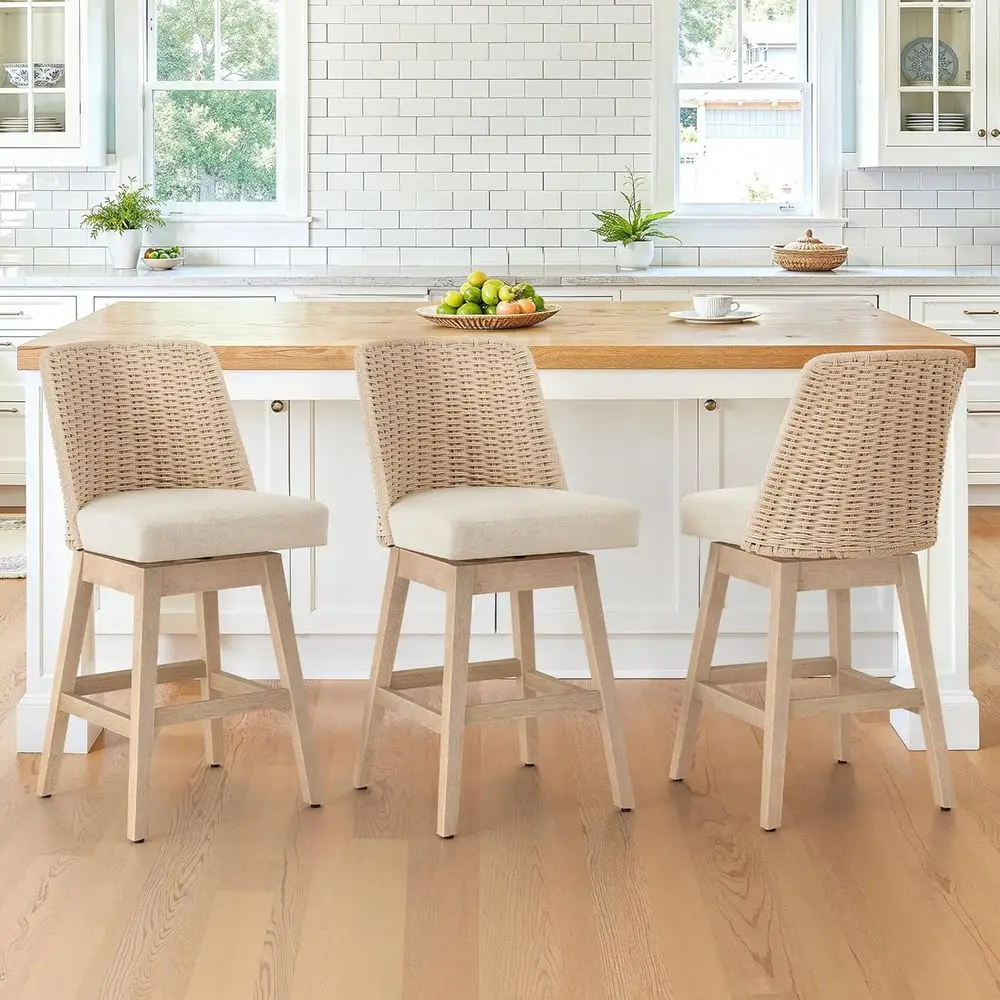 Set of 3 27 Swivel Wooden Bar Stools with Linen Seats, Handwoven Backs, Apricot
Set of 3 27 Swivel Wooden Bar Stools with Linen Seats, Handwoven Backs, Apricot
