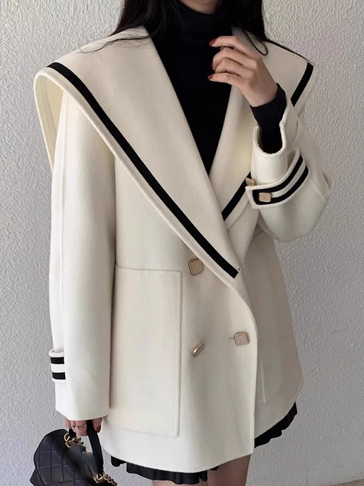 Loose Navy Collar Woolen Coat Women's Autumn Winter Double Breasted Korean Style V-Neck Long Sleeve Medium Length Coat
Loose Navy Collar Woolen Coat Women's Autumn Winter Double Breasted Korean Style V-Neck Long Sleeve Medium Length Coat