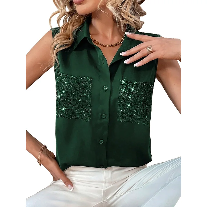 Hot stamping pocket shirt solid color temperament sleeveless single breasted top shirt for women
Hot stamping pocket shirt solid color temperament sleeveless single breasted top shirt for women