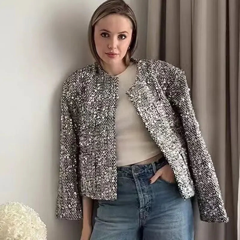 Silver Sequined Coarse Tweed Jacket round Neck Spring Autumn Small Fragrance Style Suit Top New 2026
Silver Sequined Coarse Tweed Jacket round Neck Spring Autumn Small Fragrance Style Suit Top New 2026