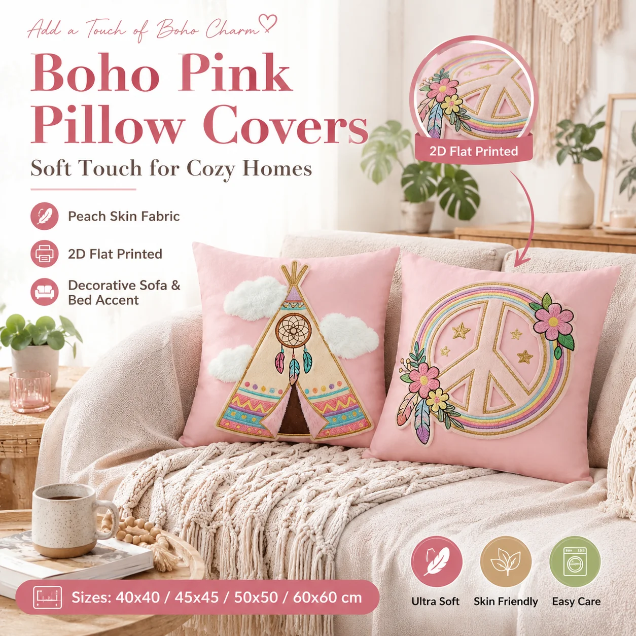 Pink Boho Floral Peace Sign Pillowcase 2D Flat Printed Peach Skin Throw Pillow Cover for Couch Bed Cozy Farmhouse Home Accent
Pink Boho Floral Peace Sign Pillowcase 2D Flat Printed Peach Skin Throw Pillow Cover for Couch Bed Cozy Farmhouse Home Accent