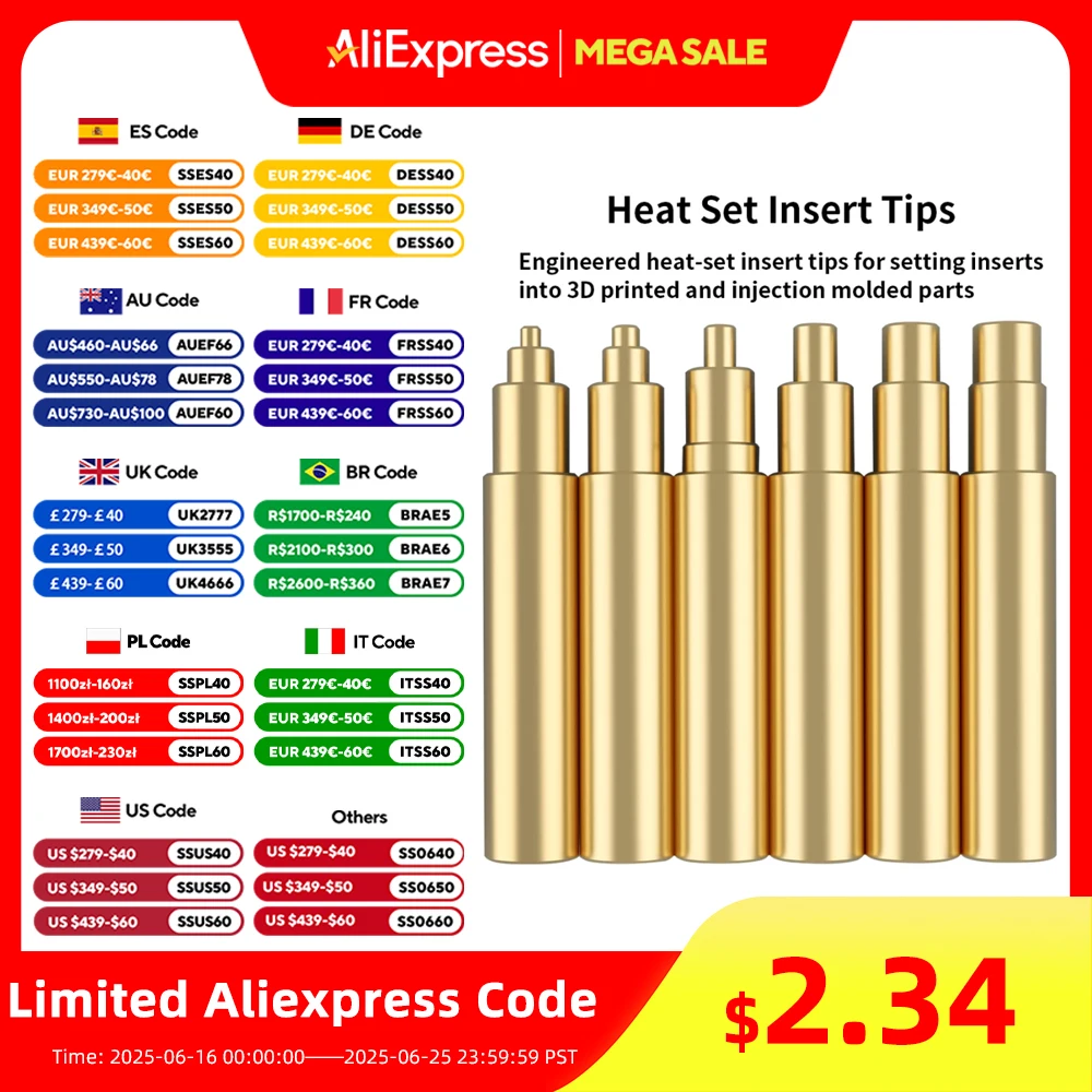 Heat Set Insert Tips Heat Insert Nut Iron Tip Soldering Iron Tip M2 M3 M4 M5 M6 Brass Thread Embedded Kit 3D Printer Accessories
Heat Set Insert Tips Heat Insert Nut Iron Tip Soldering Iron Tip M2 M3 M4 M5 M6 Brass Thread Embedded Kit 3D Printer Accessories