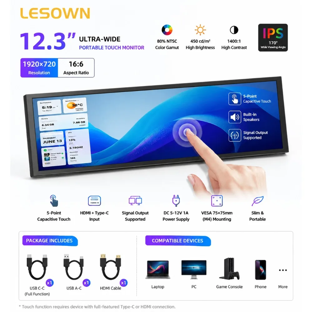 LESOWN 12.3 Inch Portable Monitor 1920x720 Ultra-wide IPS Touchscreen Driver-free Travel Display with Speakers for Laptop
LESOWN 12.3 Inch Portable Monitor 1920x720 Ultra-wide IPS Touchscreen Driver-free Travel Display with Speakers for Laptop