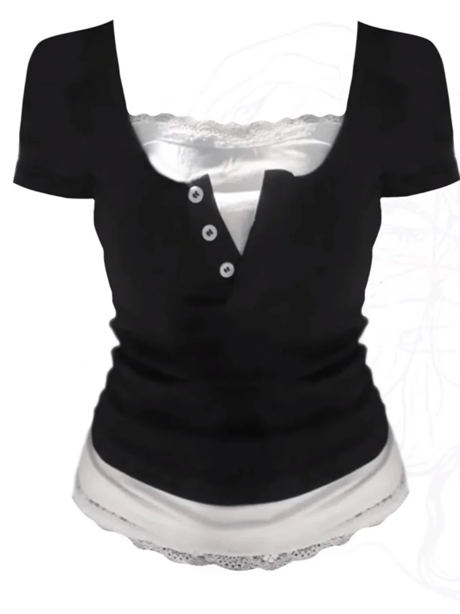 plus Size Lace Patchwork Fake Two-Piece Short Sleeve T-Shirt Women Summer Slim Fit Short V-Neck Top Korean Style Commute Wind
plus Size Lace Patchwork Fake Two-Piece Short Sleeve T-Shirt Women Summer Slim Fit Short V-Neck Top Korean Style Commute Wind