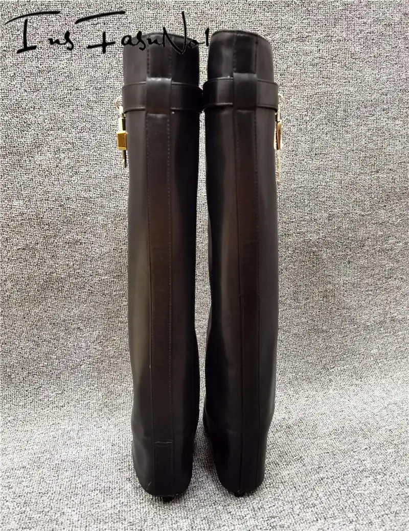 Shark Lock Leather Knee-high Boots Women Calfskin Slip On Black Designer Shoes New Fold-over Shafts High Wedge Heel Ladies Boots