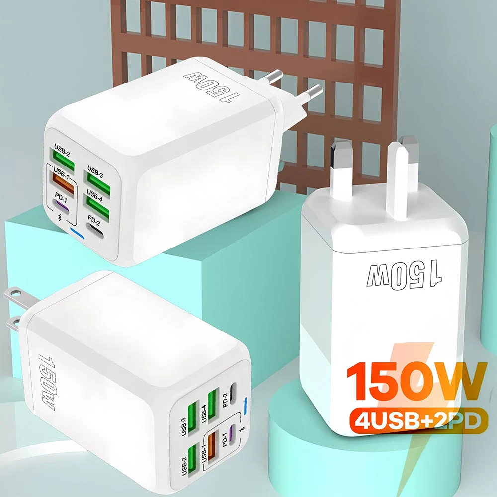 150W Super Quick Charging Multi Ports Cellphone Chargers Head 4 USB A 2 PD Wall Charger Adapter for IPhone 15 14 Samsung Xiaomi
150W Super Quick Charging Multi Ports Cellphone Chargers Head 4 USB A 2 PD Wall Charger Adapter for IPhone 15 14 Samsung Xiaomi