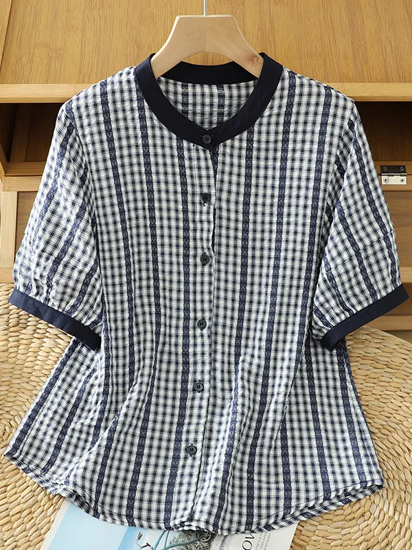 Loose Women's Shirt Summer Short Sleeve Plaid Design Anti-Uv Casual Style round Neck Single Button Closure Inner Wear
Loose Women's Shirt Summer Short Sleeve Plaid Design Anti-Uv Casual Style round Neck Single Button Closure Inner Wear