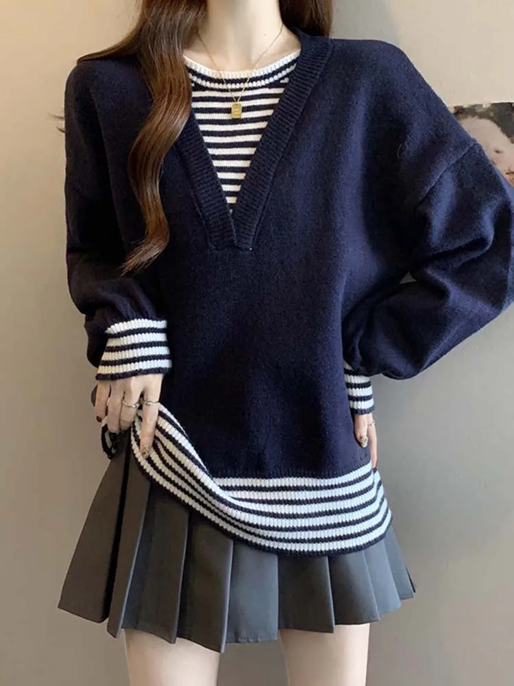 Свободный вязаный свитер с V-образным вырезом для женщин, осенне-зимний, новый, стройнящий, длинный, в полоску, с лоскутным узором, топ в стиле кэжуал, модный
Свободный вязаный свитер с V-образным вырезом для женщин, осенне-зимний, новый, стройнящий, длинный, в полоску, с лоскутным узором, топ в стиле кэжуал, модный